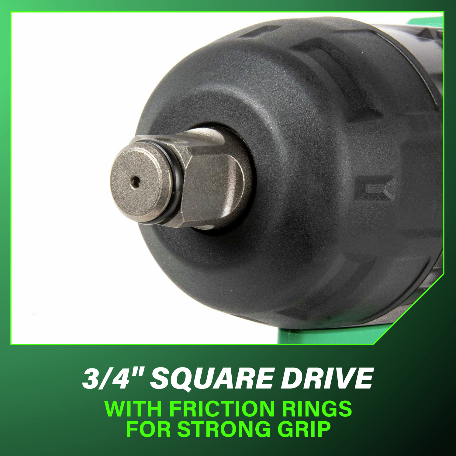The 3/4 in. square drive with friction rings ensures a secure grip on sockets for confident handling during heavy-duty fastening.