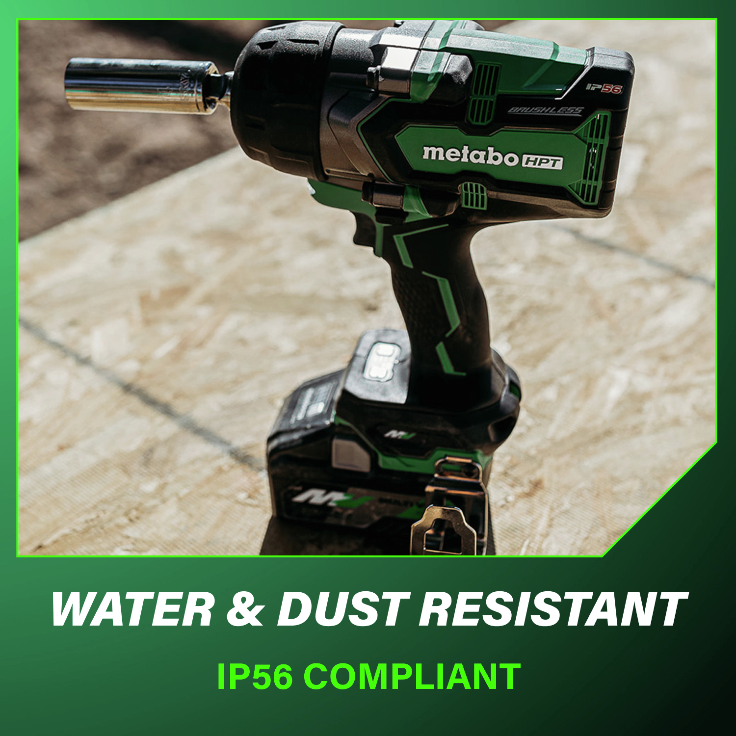 Built with IP56-rated protection, this impact wrench is ready to perform through dust, debris, and wet jobsite conditions.