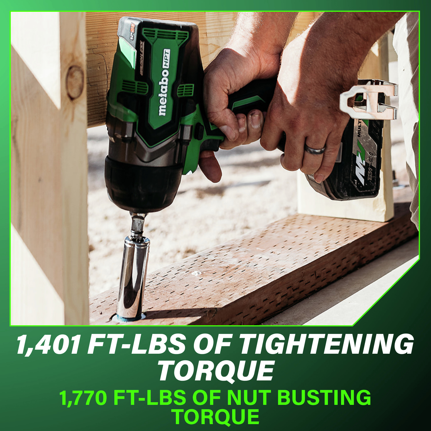Delivering up to 1,401 ft-lbs. of tightening torque and 1,770 ft-lbs. of nut-busting torque, it powers through even the toughest bolts.