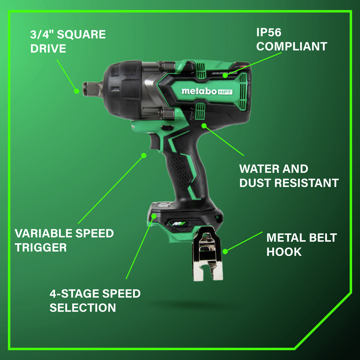 Engineered for versatility with a 3/4 in. drive, variable speed trigger, four speed modes, and rugged IP56-rated protection for lasting performance.
