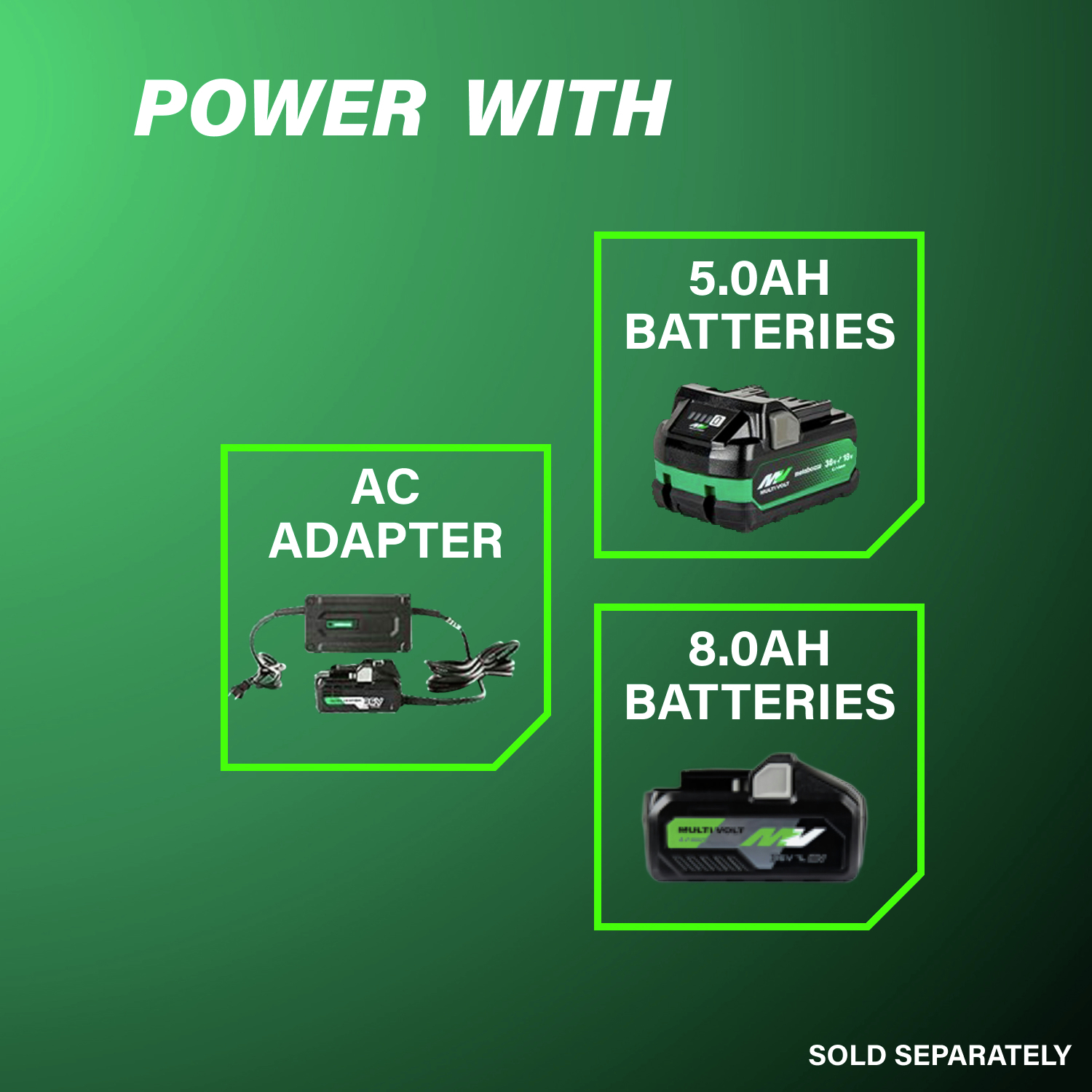 Compatible with 2.5 Ah and 8 Ah batteries or an AC adapter for continuous power flexibility on any job.