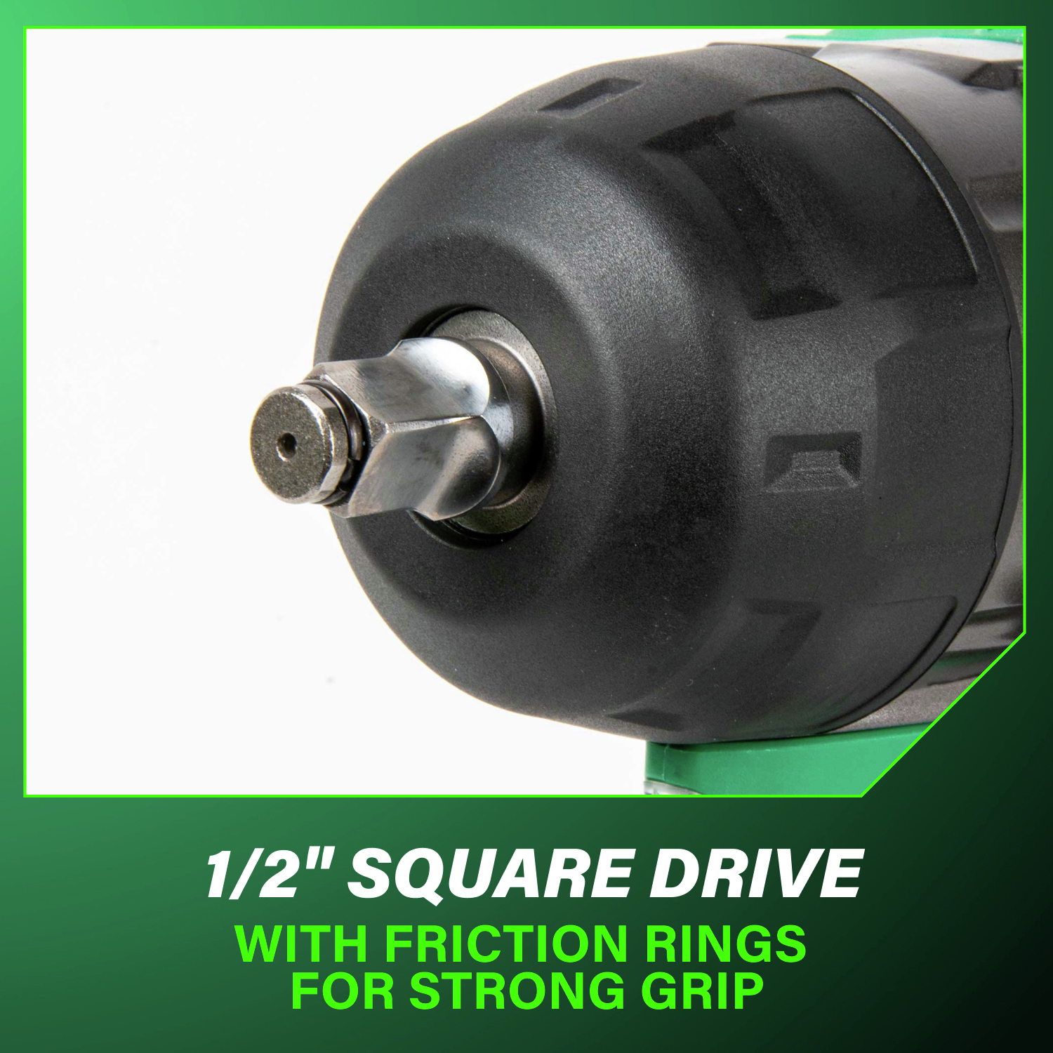 The 1/2 in. square drive with friction rings secures sockets firmly, ensuring steady performance during heavy fastening jobs.