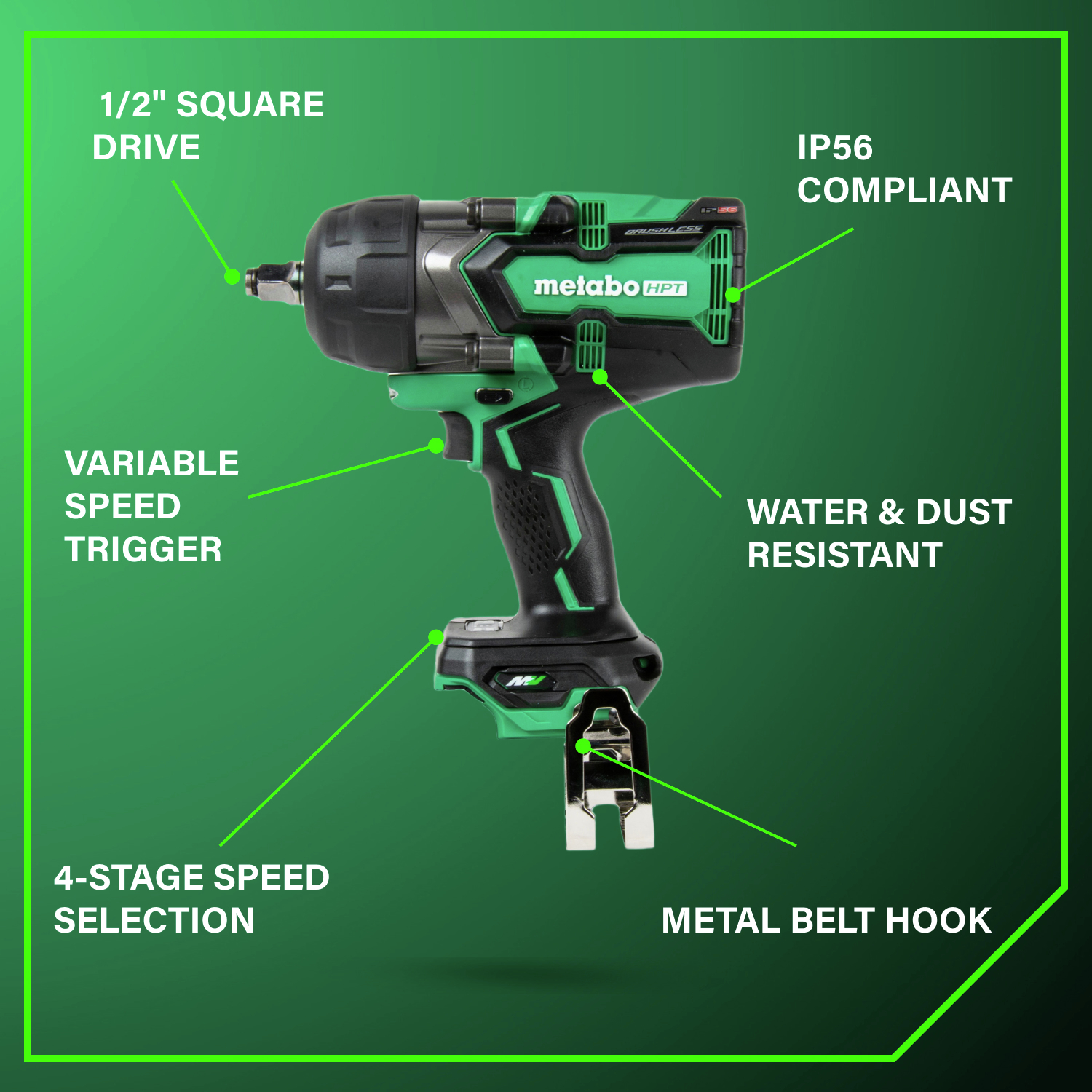 Engineered for performance with a durable 1/2 in. drive, variable speed trigger, and IP56-rated protection for ultimate reliability.