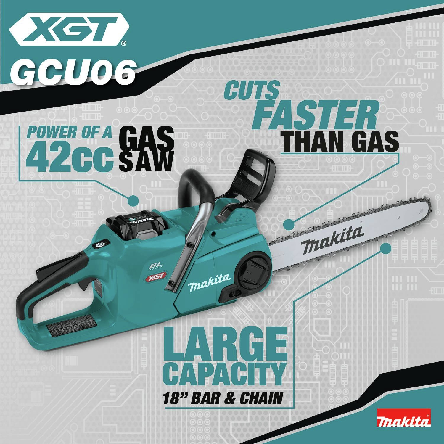 Power of a 42cc Gas Saw. Cuts Faster than Gas. Large Capacity, 18 in. Bar and Chain