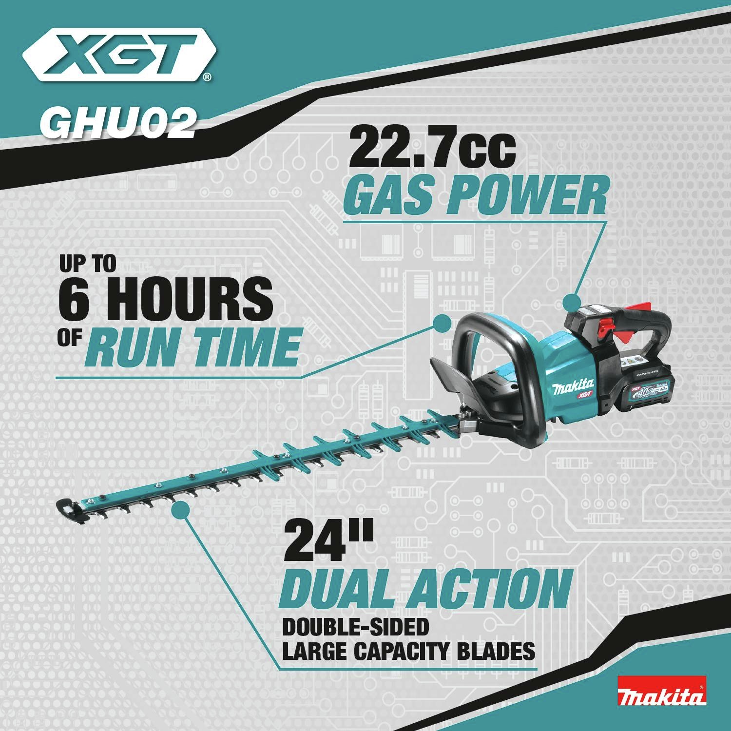 22.7cc gas power. Up to 6 hours of run time. 24 in. dual action, double-sided large capacity blades.