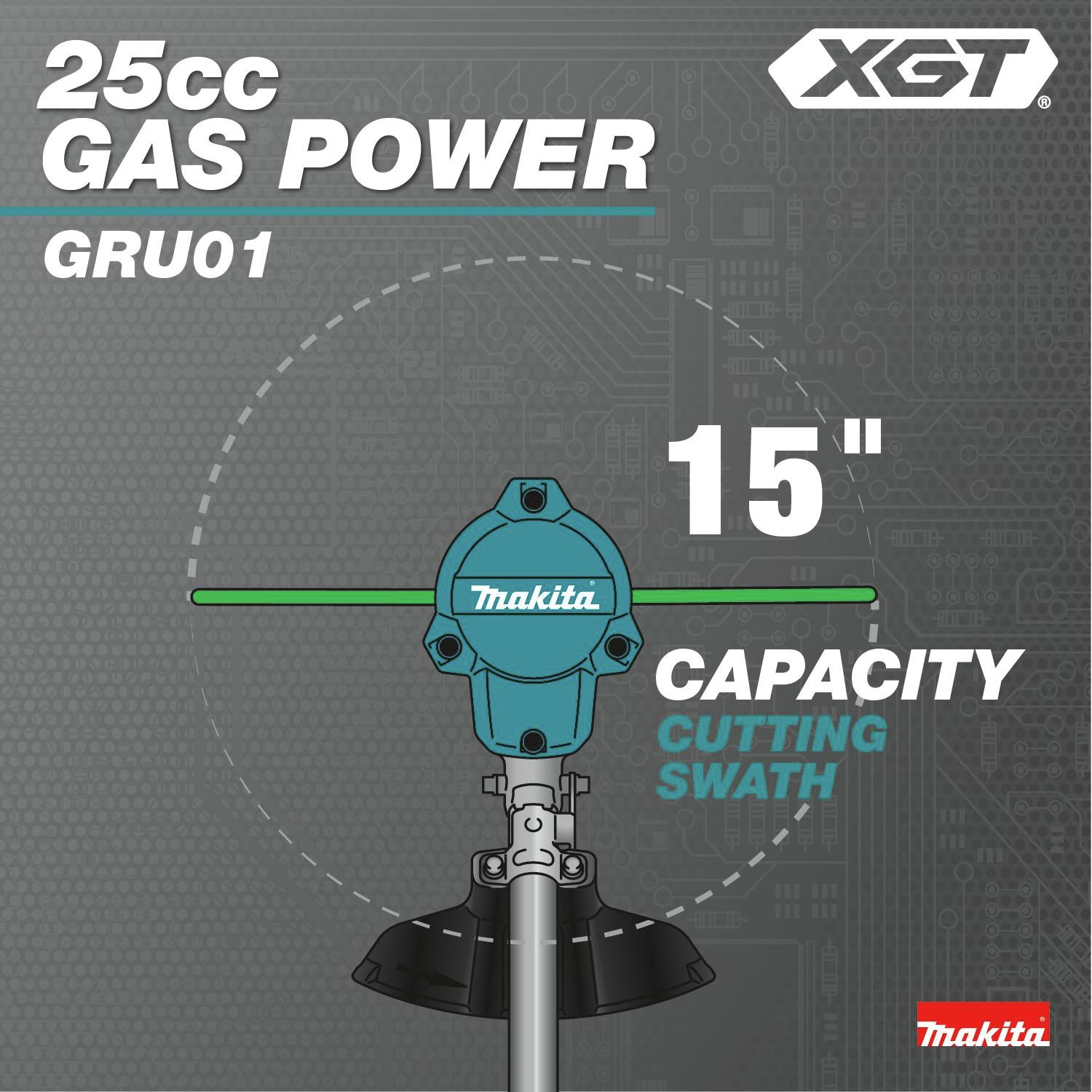 25cc Gas Power: 15 in. capacity cutting swath