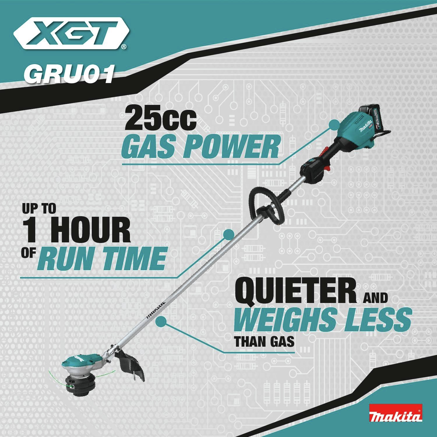 25cc gas power. Up to 1 hour of run time. Quieter and weighs less than gas