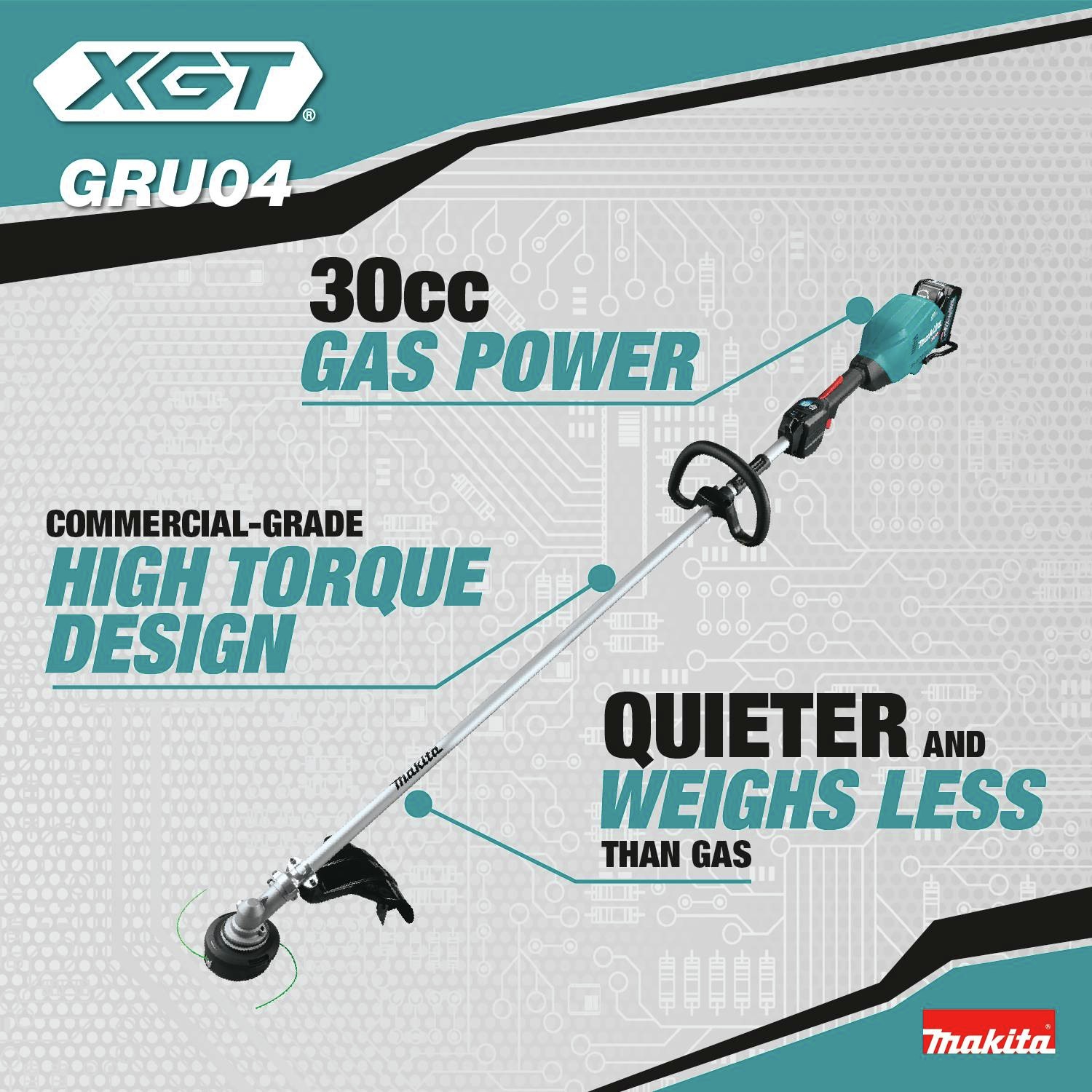 30cc gas power. Commercial grade high torque design. Quieter and weighs less than gas.