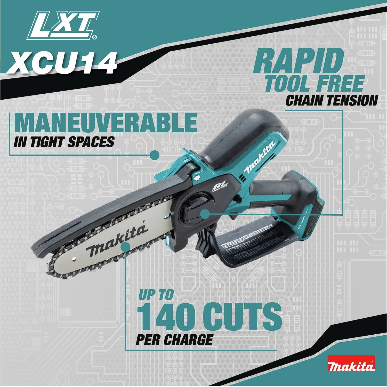 Maneuverable in tight spaces. Rapid tool free chain tension. Up to 140 cuts per charge.