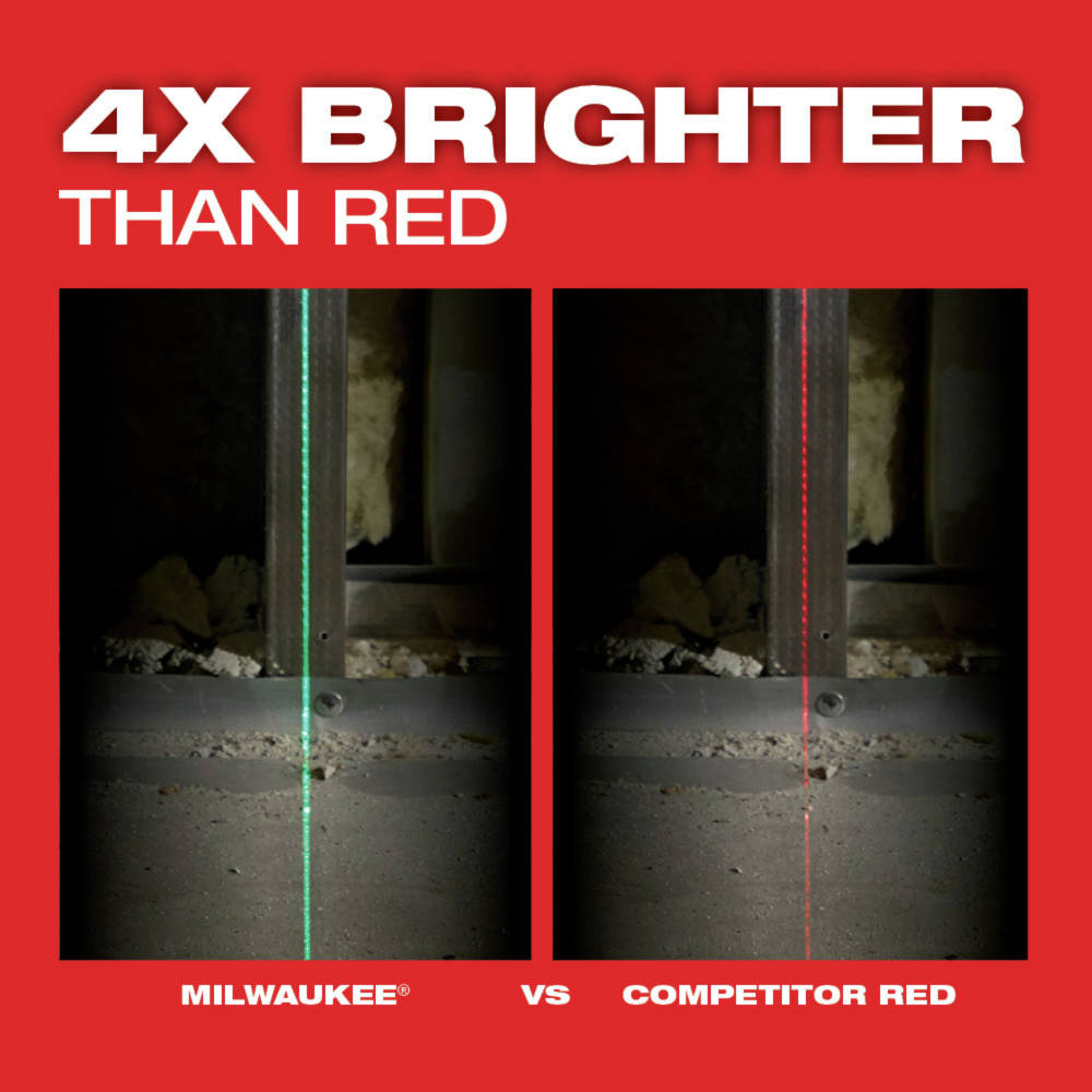 High-intensity laser beams allow visibility of green lines up to 100 ft. for fast and accurate leveling and alignment
