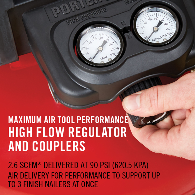 Maximum air tool performance with high flow regulator and couplers to support up to 3 finish nailers at once