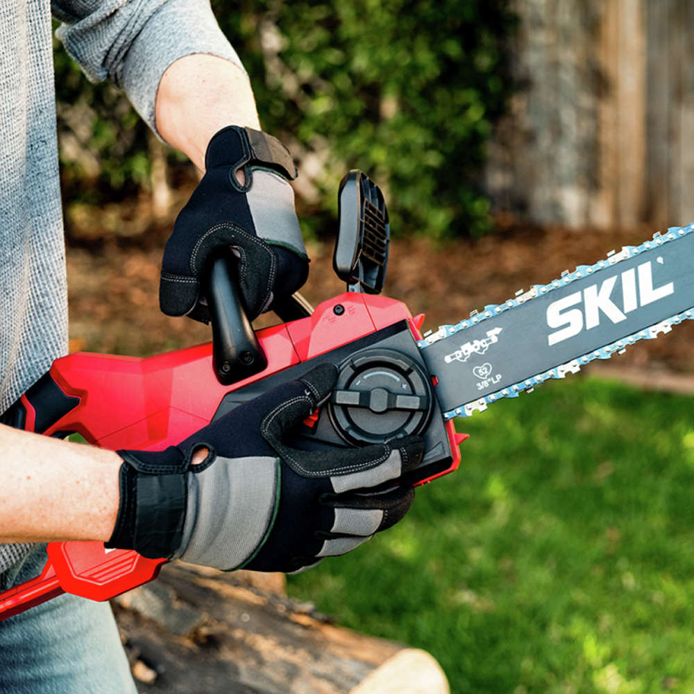 Adjust the chain on this cordless saw with a convenient dial on the side of the tool