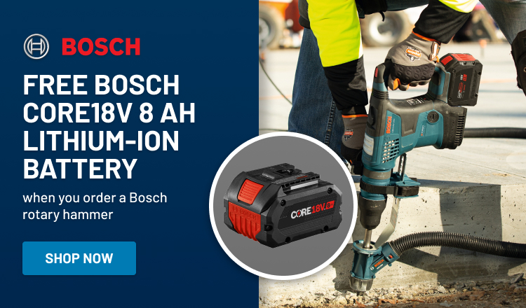 Free Bosch CORE18V 8 Ah Lithium-Ion Battery when you order a Bosch rotary hammer